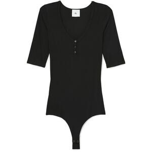 goop G. Label Annika Black Ribbed Modal Henley Bodysuit Small Gwyneth Paltrow